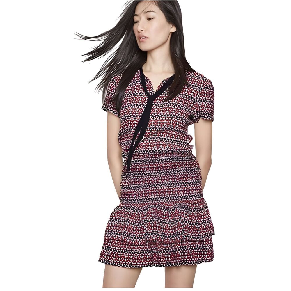 Maje EUC Geometric Tie Neck Drop Waist Mini Dress Black White Red Sz 3 US M
